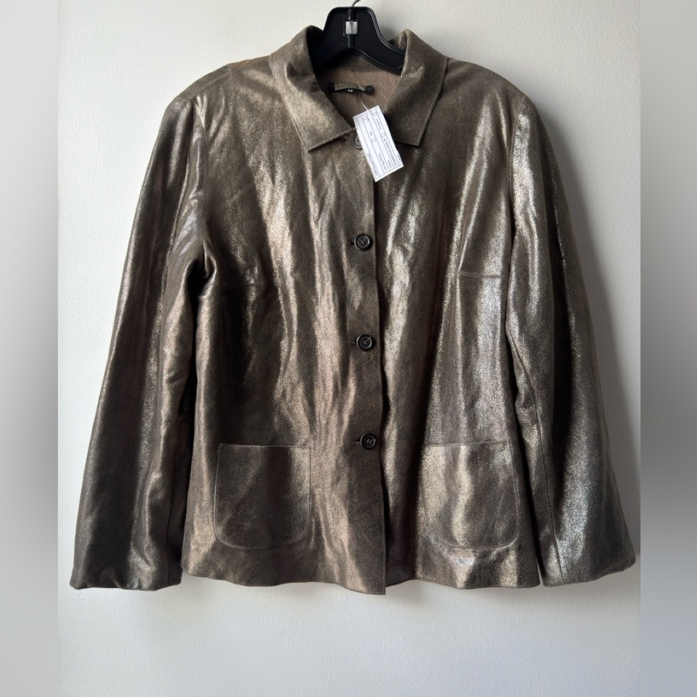 Rozae Nichole Genuine Leather Shimmering Gold Button Down Women's Blazer